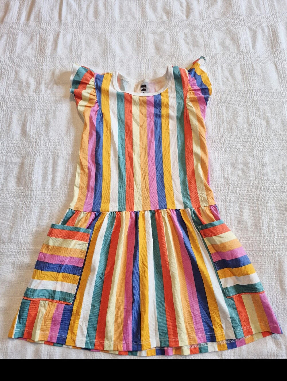 Tea Collection dress girls size 5 bright color stripe ruffle cap sleeve EUC